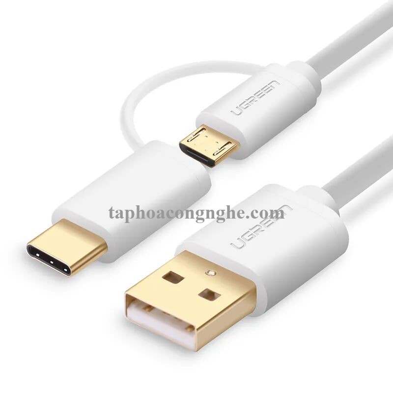Ugreen 30170 0.5M màu trắng Cáp USB-A sang Micro USB + USB-C cao cấp US142 30030170
